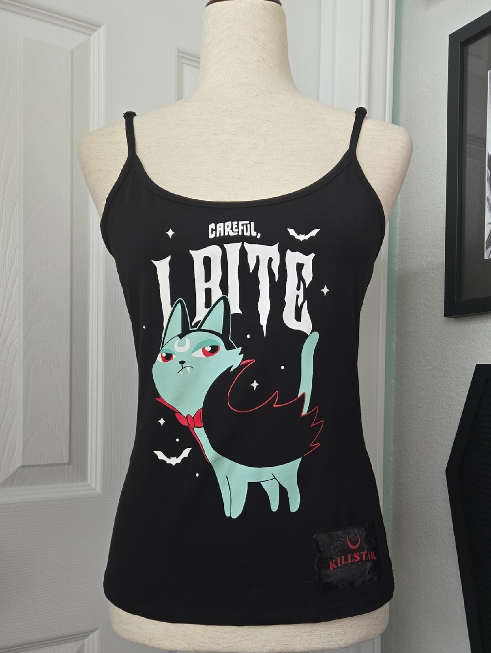 Killstar Black Camisole W/ Mint Green Vampire/ Vampurr Cat Design, EUC Like New